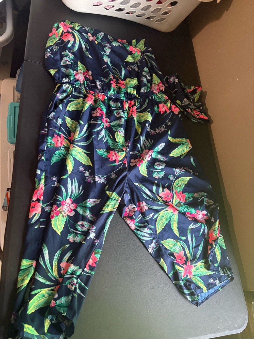 Blush Navy Floral Strapless Jumpsuit with Pink & Green Accents